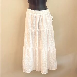 White Textured Tiered Maxi Skirt with Elastic Waistband. 100% Cotton, Pockets